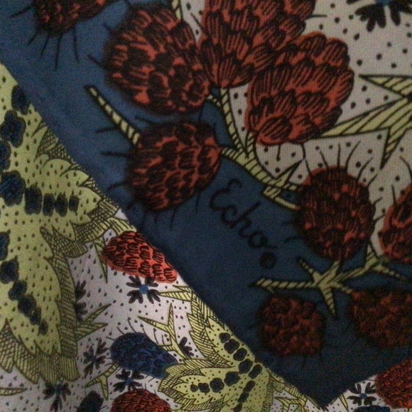 Vintage ECHO pine cones & leaves scarf Japan 25” Square Blues & Greens - Picture 6 of 6